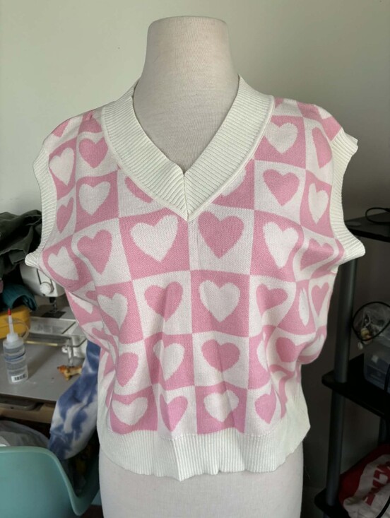 Sweaters - Pink Heart-Print V-Neck Sweater Vest